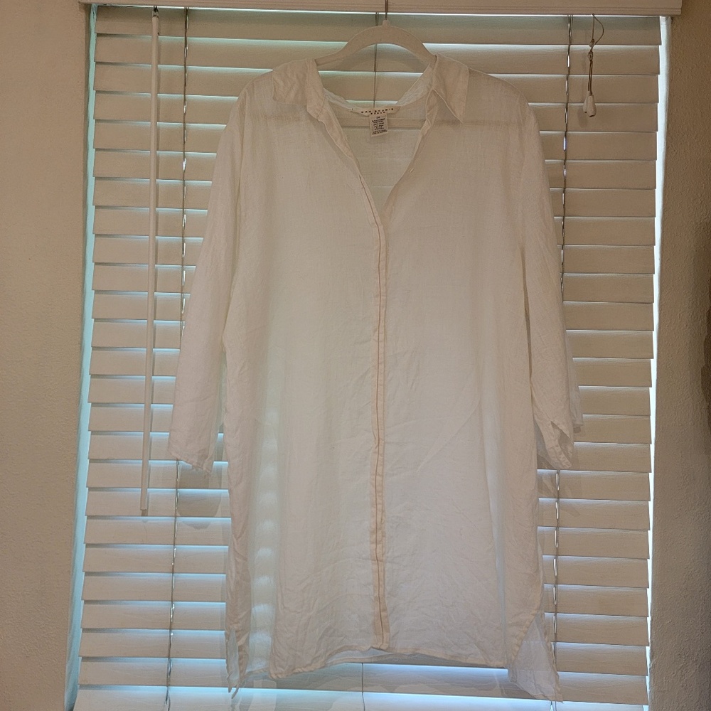 Max Studio Linen Tunic Shirt Plus Size 3X White Button Up 3/4 Sleeves Side Slit